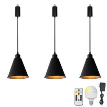 Load image into Gallery viewer, Rechargeable Battery Adjustable Cord Wireless Pendant Light Black Metal Shade Smart LED Bulbs with Remote