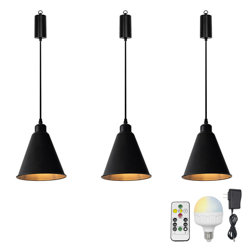 Rechargeable Battery Adjustable Cord Wireless Pendant Light Black Metal Shade Smart LED Bulbs with Remote