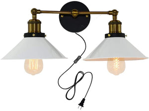 Double Lights Retro Industrial Style White Lampshade Plug in Wall Sconces