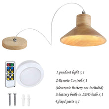 Load image into Gallery viewer, Battery Operated Pendant Light Adjustable Iron Cable Wireless Remote Wood 1-Pack