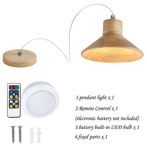 Battery Operated Pendant Light Adjustable Iron Cable Wireless Remote Wood 1-Pack