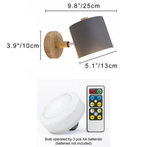 Battery Wireless Wooden Base Cylinder Shade Adjustable Wall Sconce Remote Dimmable