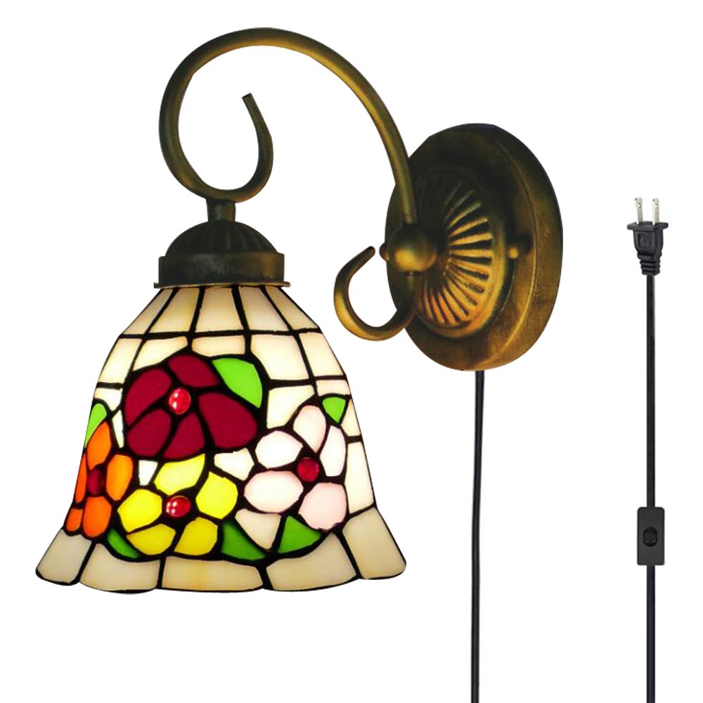Plug-in Wall Lamp Tiffany Style E26 Base Glass Shade Wall Sconce