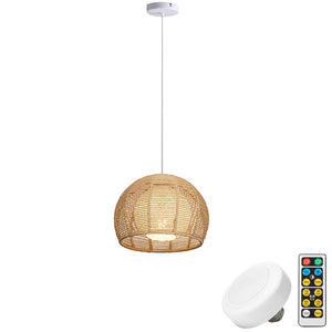 Rechargeable Battery Pendant Light Linen Rattan Shade Smart LED Bulbs with Remote