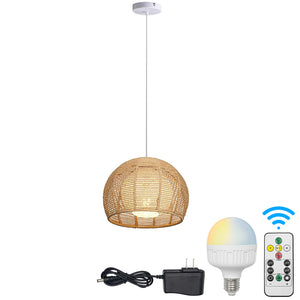 Rechargeable Battery Pendant Light Linen Rattan Shade Smart LED Bulbs with Remote