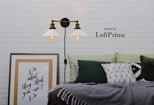 Double Lights Retro Industrial Style White Lampshade Plug in Wall Sconces