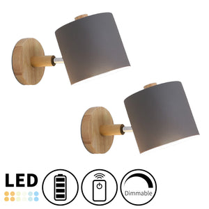 Battery Wireless Wooden Base Cylinder Shade Adjustable Wall Sconce Remote Dimmable
