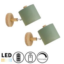 Load image into Gallery viewer, Battery Wireless Wooden Base Cylinder Shade Adjustable Wall Sconce Remote Dimmable