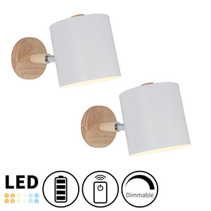 Battery Wireless Wooden Base Cylinder Shade Adjustable Wall Sconce Remote Dimmable