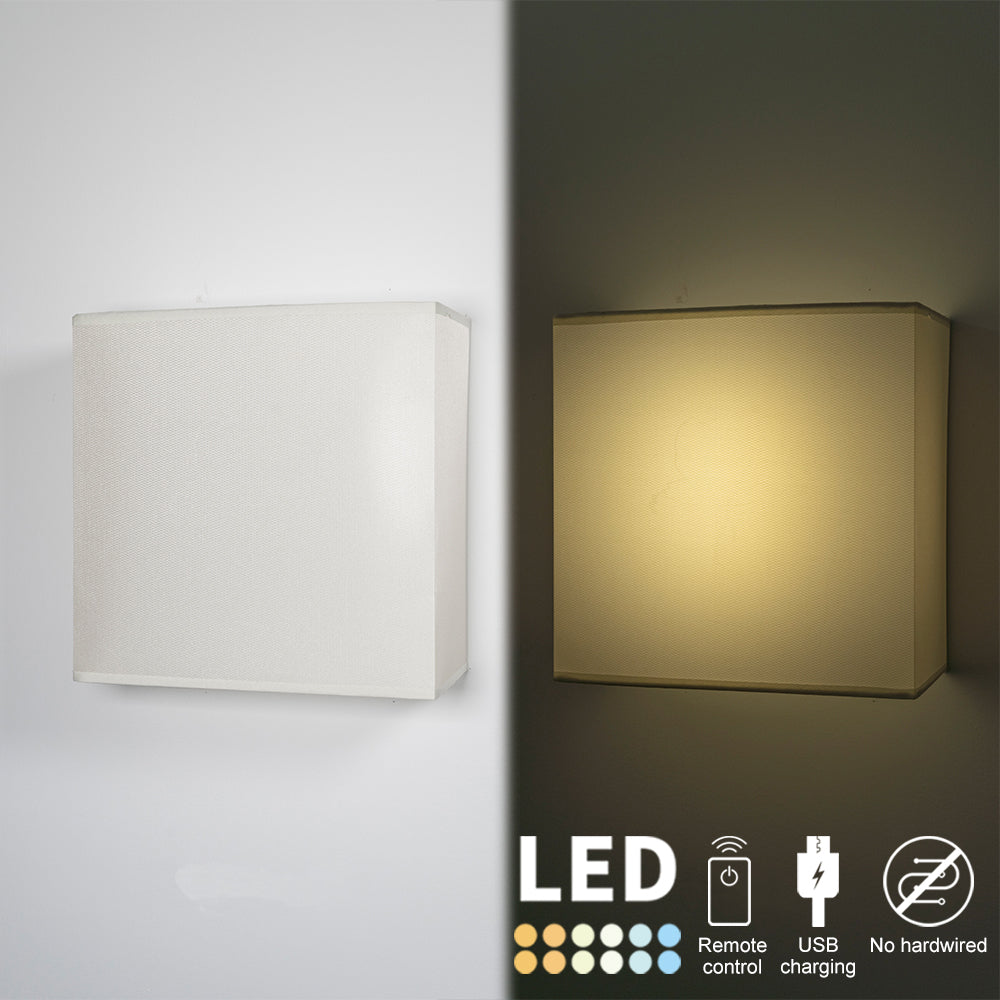 Wireless Rechargeable LED Wall Sconce USB Port Charging with Remote Square Shade