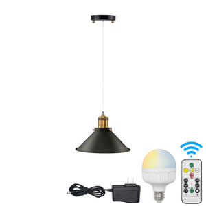 Battery Operated Pendant Light with Adjustable Iron Cable 8.7" Cone Shade