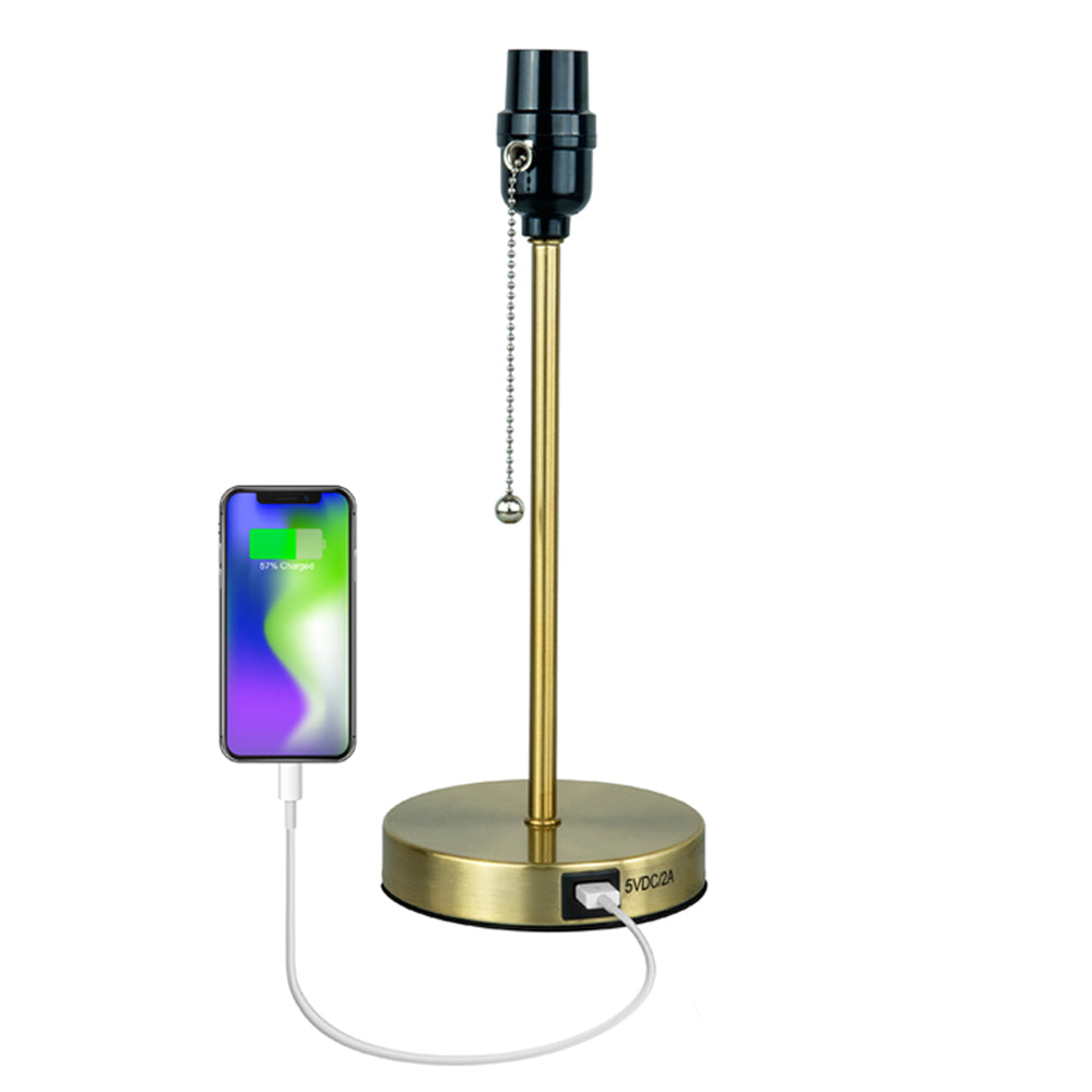 Table Lamp Base with USB Port Brushed Steel Stick Accent with Pull Chain