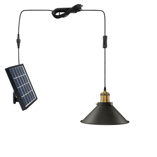 Solar Power Pendant Iron Cone Retro Light with LED Bulb Button Switch