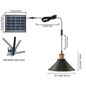 Solar Power Pendant Iron Cone Retro Light with LED Bulb Button Switch