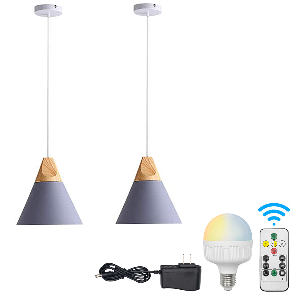 Battery Wireless Wood Grey Ceiling Pendent Light with Smart Bulb and Remote
