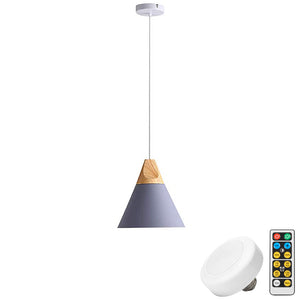 Battery Wireless Wood Metal Modern Ceiling Pendent Light with Smart Bulb and Remote