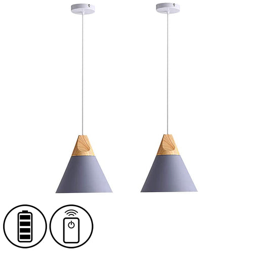 Battery Wireless Wood Grey Ceiling Pendent Light with Smart Bulb and Remote