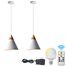 Load image into Gallery viewer, Battery Wireless Wood White Ceiling Pendent Light with Smart Bulb and Remote