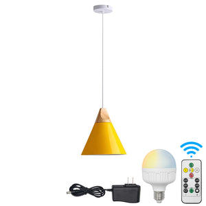 Battery Wireless Wood Metal Modern Ceiling Pendent Light with Smart Bulb and Remote