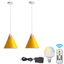 Load image into Gallery viewer, Battery Wireless Wood Yellow Ceiling Pendent Light with Smart Bulb and Remote