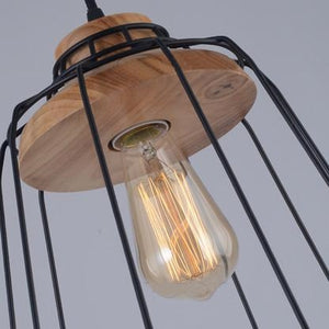 Hardwired Pendant Antique Iron Cage Combine Wood Lighting