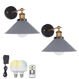 Rechargeable Cordless Loft Cone Metal Shade Wall Sconces Smart LED Bulbs with Remote Vintage Design