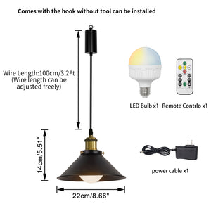 Rechargeable Battery Pendant Light Metal Shade Smart LED Bulbs with Remote