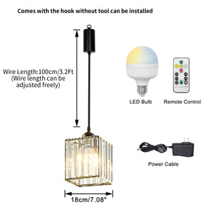 Rechargeable Battery Adjustable Cord Pendant Light Crystal Shade Smart LED Bulbs with Remote
