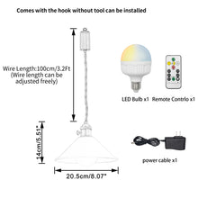 Load image into Gallery viewer, Rechargeable Battery Adjustable Cord Pendant Light Blue ,Yellow, Pink Metal Cone Shade Smart LED Bulbs with Remote