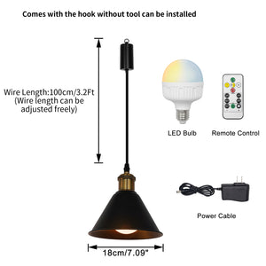 Rechargeable Battery Adjustable Cord Pendant Light Black Metal Cone Shade Smart LED Bulbs with Remote