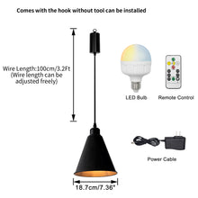 Load image into Gallery viewer, Rechargeable Battery Adjustable Cord Wireless Pendant Light Black Metal Shade Smart LED Bulbs with Remote