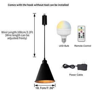 Rechargeable Battery Adjustable Cord Wireless Pendant Light Black Metal Shade Smart LED Bulbs with Remote