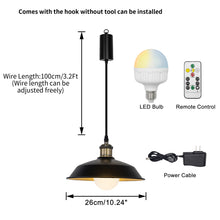 Load image into Gallery viewer, Rechargeable Battery Adjustable Cord Pendant Light Black Metal Shade Smart LED Bulbs with Remote Retro Design