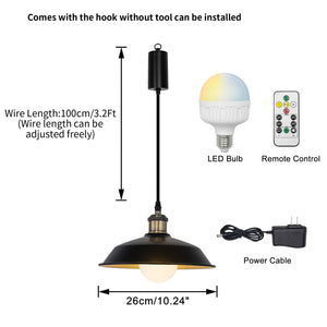 Rechargeable Battery Adjustable Cord Pendant Light Black Metal Shade Smart LED Bulbs with Remote Retro Design