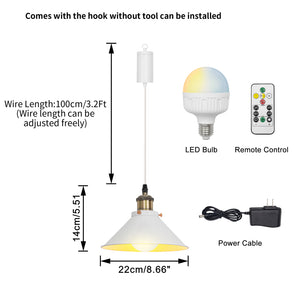 Rechargeable Battery Adjustable Cord Pendant Light Black Or White Metal Shade Smart LED Bulbs with Remote
