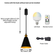 Load image into Gallery viewer, Rechargeable Battery Adjustable Cord Cordless Pendant Light Black Metal Shade Smart LED Bulbs with Remote
