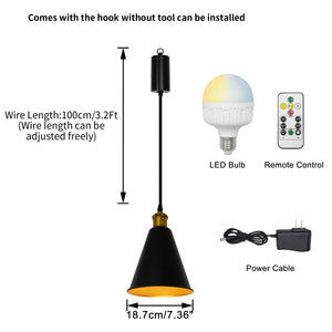 Rechargeable Battery Adjustable Cord Cordless Pendant Light Black Metal Shade Smart LED Bulbs with Remote