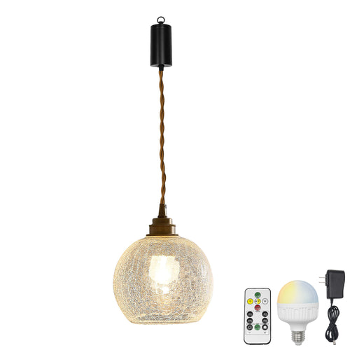 Rechargeable Battery Adjustable Cord Pendant Light Glass Shade Smart LED Bulbs with Remote Retro Design