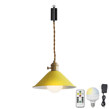 Load image into Gallery viewer, Rechargeable Battery Adjustable Cord Pendant Light Blue ,Yellow, Pink Metal Cone Shade Smart LED Bulbs with Remote