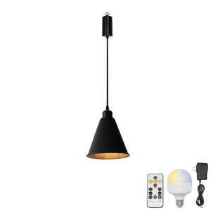 Rechargeable Battery Adjustable Cord Wireless Pendant Light Black Metal Shade Smart LED Bulbs with Remote