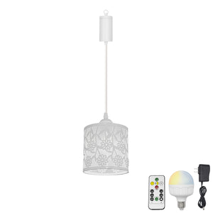 Rechargeable Battery Adjustable Cord Pendant Light White Hollow Metal Shade Smart LED Bulbs with Remote