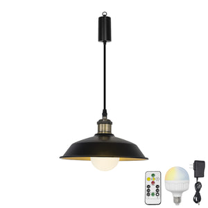 Rechargeable Battery Adjustable Cord Pendant Light Black Metal Shade Smart LED Bulbs with Remote Retro Design
