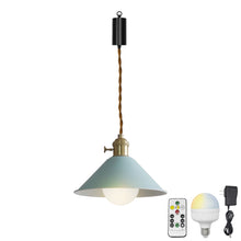 Load image into Gallery viewer, Rechargeable Battery Adjustable Cord Pendant Light Blue ,Yellow, Pink Metal Cone Shade Smart LED Bulbs with Remote