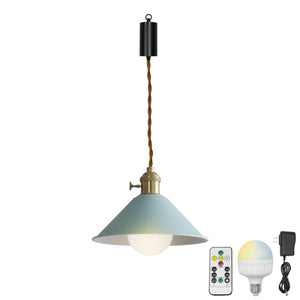 Rechargeable Battery Adjustable Cord Pendant Light Blue ,Yellow, Pink Metal Cone Shade Smart LED Bulbs with Remote
