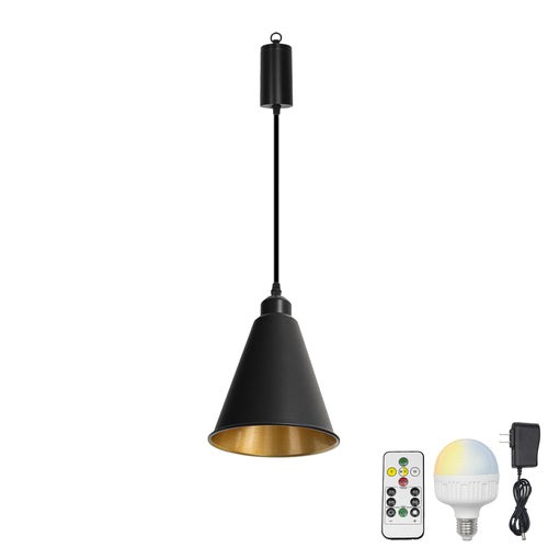Rechargeable Battery Adjustable Cord Wireless Pendant Light Inner Gold Outer Black Metal Shade Smart LED Bulbs with Remote