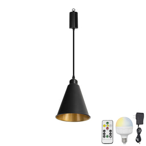 Rechargeable Battery Adjustable Cord Wireless Pendant Light Inner Gold Outer Black Metal Shade Smart LED Bulbs with Remote