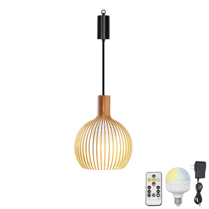 Rechargeable Battery Adjustable Cord Pendant Light Wood Shade Smart LED Bulbs with Remote Minimalist Design