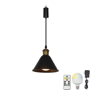 Rechargeable Battery Adjustable Cord Pendant Light Black Metal Cone Shade Smart LED Bulbs with Remote
