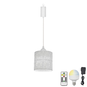 Rechargeable Battery Adjustable Cord Pendant Light Hollow Metal Shade Smart LED Bulbs with Remote