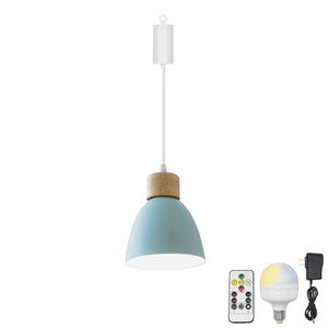 Rechargeable Battery Adjustable Cord Pendant Light Macaron Aluminum Blue Or Green Shade Smart LED Bulbs with Remote